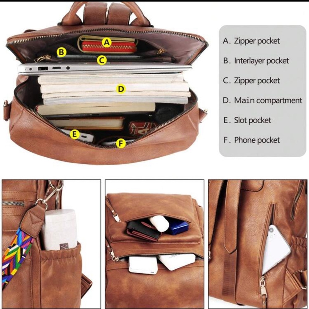 Luxe Vegan Leather Colorful Strap Backpack Shoulder bag - Picture 10 of 14